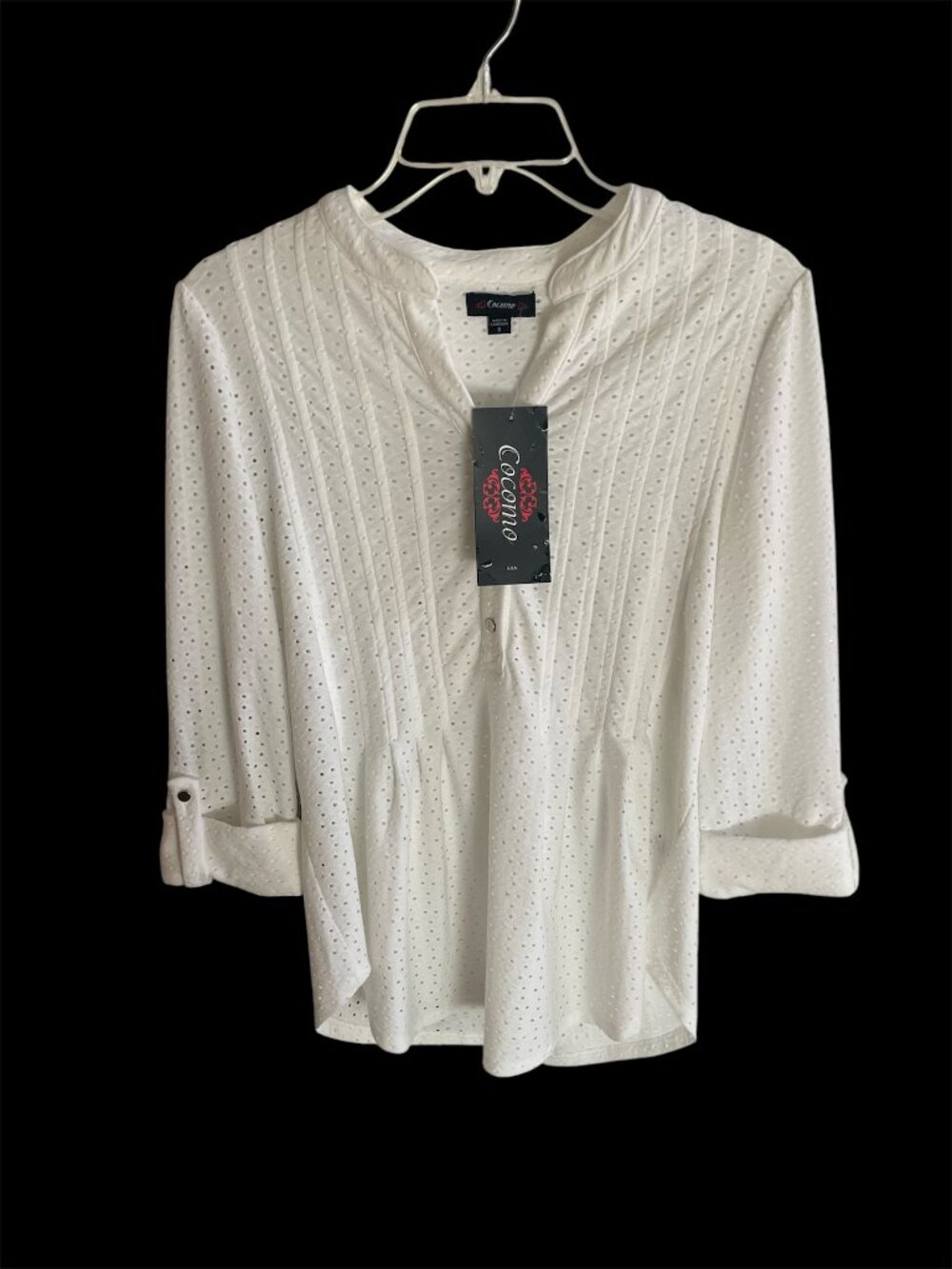 Cocomo Eyelet 3/4 Sleeve Blouse Small White Pleated Buttons NWT